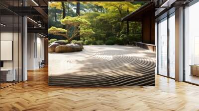 a peaceful zen garden with a perfectly raked sand, generative ai Wall mural