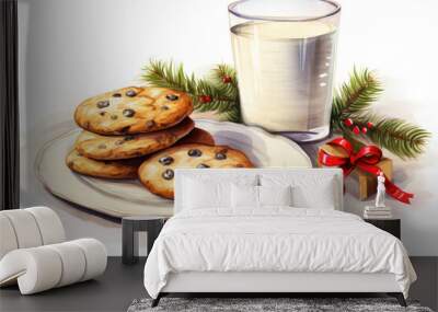 christmas cookies and milk by the lit tree note for santa vintage illustration isolated on a transparent background, generative ai Wall mural