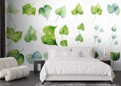 collection of soft watercolor ivy leaves isolated on a transparent background, generative ai Wall mural