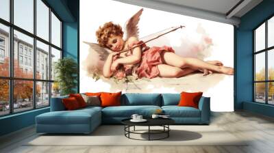 cupid resting after shooting his arrow vintage illustration isolated on a transparent background, generative ai Wall mural