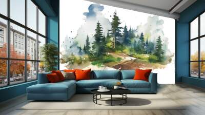 mountain landscape with pine trees in watercolor style, isolated on a transparent background for design layouts Wall mural