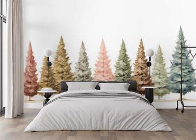 row of decorated christmas trees assorted colors vintage illustration isolated on a transparent background, generative ai Wall mural