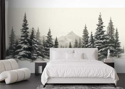 snow covered pine trees vintage illustration isolated on a transparent background, generative ai Wall mural