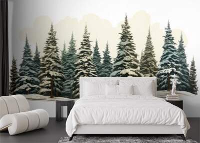 snow covered pine trees vintage illustration isolated on a transparent background, generative ai Wall mural