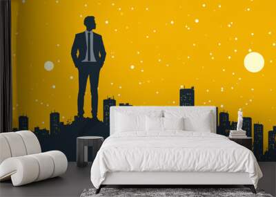 Business Leader Overlooks City Skyline at Night, Strategic Growth Presentation Concept, Motivational Minimalistic Vector Illustration Wall mural