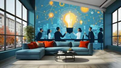 Business Team Brainstorming New Project Idea in Modern Office at Night with Light Bulb Concept Wall mural