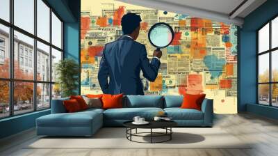 Businessman Analyzing Currency with Magnifying Glass Seeking Profit and Financial Growth Concept Illustration Wall mural