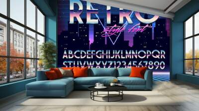 Shiny Chrome Alphabet in 80s Retro Futurism style. Vector font on cityscape background Wall mural