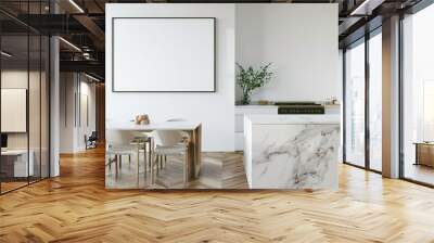 A modern kitchen with a white marble countertop. white chairs. and a large white canvas on the wall The kitchen has a wooden floor Wall mural