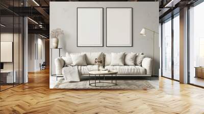 Modern living room interior with a white sofa. two blank frames. a coffee table. a floor lamp. and a rug Wall mural