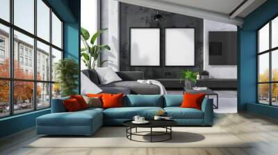 Modern living room interior with black sofa. coffee table. TV and two empty frames on concrete wall Wall mural