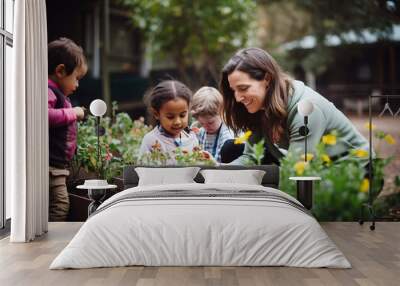 Back to school, School teacher woman with children in school garden take care of plants together Wall mural