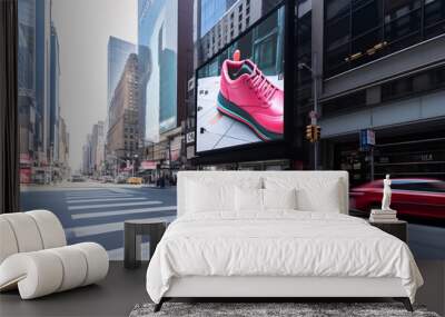 Billboard with digital display creative ads for shoes in a modern city, generated AI Wall mural