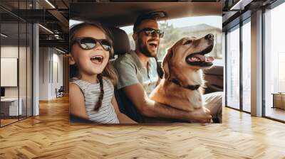 Father and daughter with pet dog driving together and having fun on vacation Wall mural