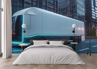 Futuristic automated unmanned cargo truck with blank side mock up on city streets in neon light, AI generated Wall mural