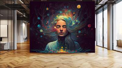 Mental health concept, portrait of cosmic woman in meditation in colorful space. Generative AI Wall mural