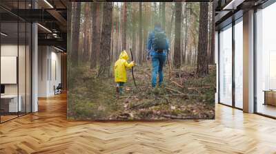 Mom and child walking in the forest after rain in raincoats with wooden sticks in hands, back view Wall mural