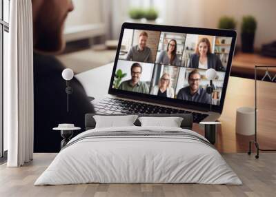 Virtual Meeting Video Conference on laptop. Team working by group video call share ideas brainstorming negotiating use video conference, pc screen view multi ethnic young people Wall mural