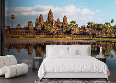 Ancient Khmer architecture. Panorama view of Angkor Wat temple at sunset. Siem Reap, Cambodia Wall mural