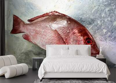 fresh raw cold seafood cut head tail red grouper whole fish ikan on white ice background halal food cuisine hyper market menu for restaurant ingredient design Wall mural