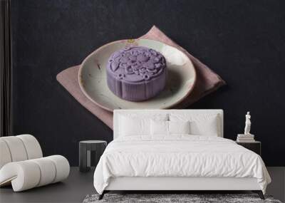 premium yam taro purple pink cute healthy baked lotus paste mooncake with layer egg yolk and mochi rose flower 3d shape in black table lantern pastry autumn festival halal asian dessert food menu cafe Wall mural