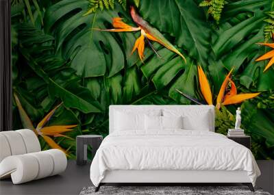 Tropical exotic flower, Closeup of Bird of Paradise or strelitzia reginae blooming on green leaves background Wall mural