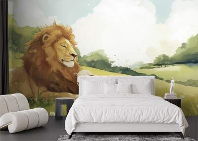 christian motive, watercolor painting of a lion and lamb lying peacefully next to each other, childrens book, with space for text Wall mural