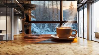 cup of coffee on the table in a winter cabin Wall mural