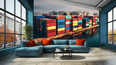 Shipping Containers In Industrial Port . Generative AI Wall mural