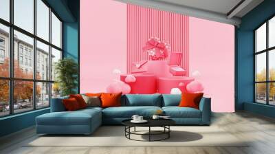 Valentine's day concept. three simple cylinder podium and floating clouds with chocolate box heart shape, love letter and diamond ring box icon 3d illustration. Wall mural