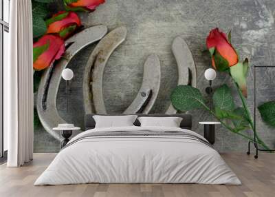 Two old horse shoes paired with silk red roses on a scratched up steel background make a nice image with contrasting elements of silk and steel. Good for Kentucky Derby or any other equestrian theme. Wall mural