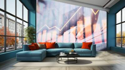 A woman hands writing information about stock market in notepad. Forex chart holograms in front. Concept of research. Double exposure Wall mural