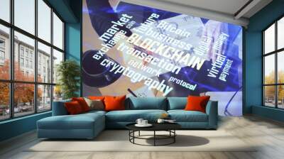 Cryptocurrency hologram over woman's hands writing background. Concept of blockchain. Double exposure Wall mural