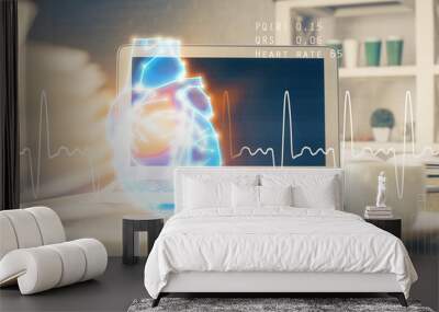 Desktop computer background and heart drawing. Double exposure. Medical study and healthcare concept. Wall mural