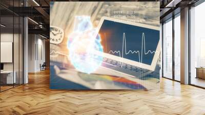 Desktop computer background and heart drawing. Double exposure. Medical study and healthcare concept. Wall mural