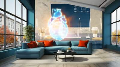 Desktop computer background and heart drawing. Double exposure. Medical study and healthcare concept. Wall mural