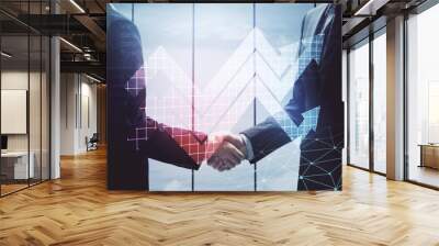 Double exposure of arrows drawings hologram and handshake of two men. Success concept. Wall mural