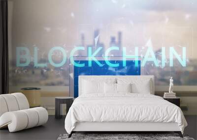 Double exposure of blockchain and crypto economy theme hologram and table with computer background. Concept of bitcoin cryptocurrency. Wall mural