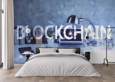 Double exposure of blockchain and crypto economy theme hologram and table with computer background. Concept of bitcoin cryptocurrency. Wall mural