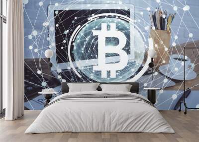 Double exposure of blockchain and crypto economy theme hologram and table with computer background. Concept of bitcoin cryptocurrency. Wall mural