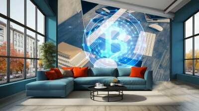 Double exposure of blockchain and crypto economy theme hologram and table with computer background. Concept of bitcoin cryptocurrency. Wall mural