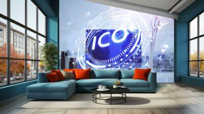 Double exposure of blockchain and crypto economy theme hologram and table with computer background. Concept of bitcoin cryptocurrency. Wall mural