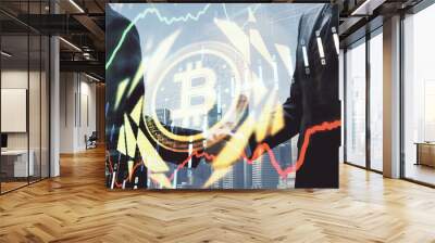 Double exposure of blockchain hologram and handshake of two men. Crypto business concept. Wall mural