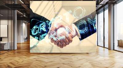 Double exposure of blockchain hologram and handshake of two men. Crypto business concept. Wall mural