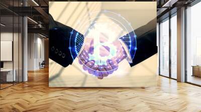 Double exposure of blockchain hologram and handshake of two men. Crypto business concept. Wall mural