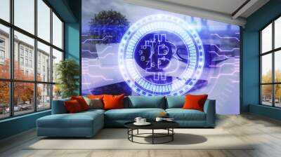 Double exposure of blockchain theme drawing and cell phone background. Concept of cryptomarket Wall mural