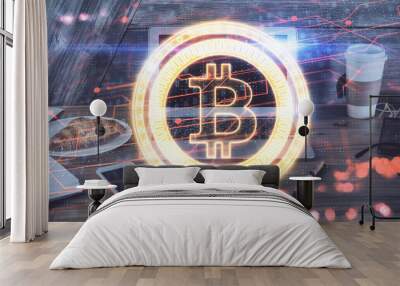 Double exposure of blockchain theme hologram and table with computer background. Concept of bitcoin crypto currency. Wall mural