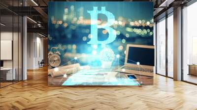 Double exposure of blockchain theme hologram and table with computer background. Concept of bitcoin crypto currency. Wall mural