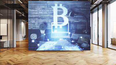 Double exposure of blockchain theme hologram and table with computer background. Concept of bitcoin crypto currency. Wall mural