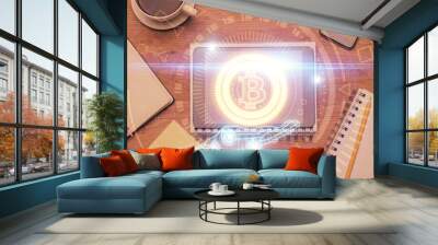 Double exposure of blockchain theme hologram over table with phone. Top view. Crypto technology concept. Wall mural